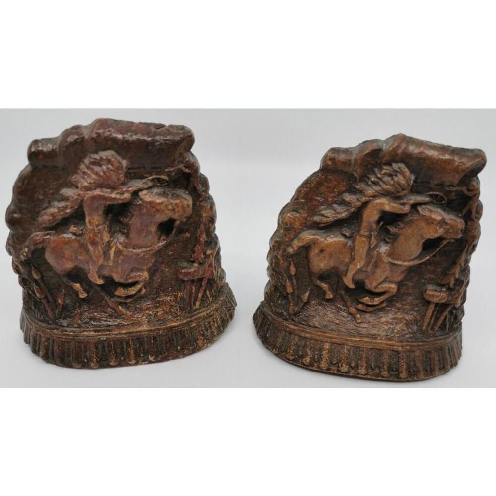 Native American Warrior Rider Covered Wagon Vintage Wooden Book End 5" Syroco